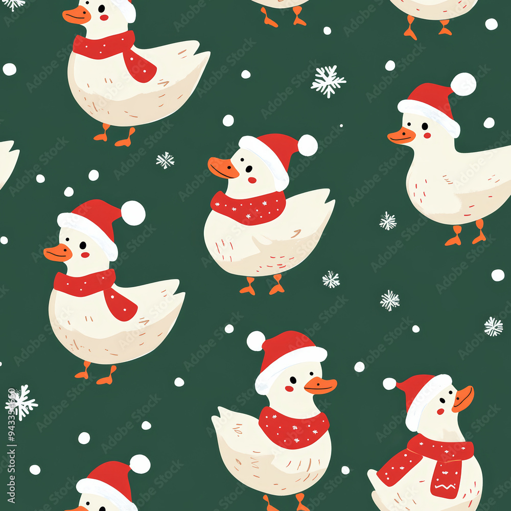 Seamless, Christmas pattern, Hand-drawn call ducks, Festive colors, Minimalist design, Cute ducks, Red, Green, White, Christmas theme, Simple drawing, White background, Negative space, Seamless, Christmas pattern, Hand-drawn call ducks, Festive colors, Minimalist design, Cute ducks, Red, Green, White, Christmas theme, Simple drawing, White background, Negative space,