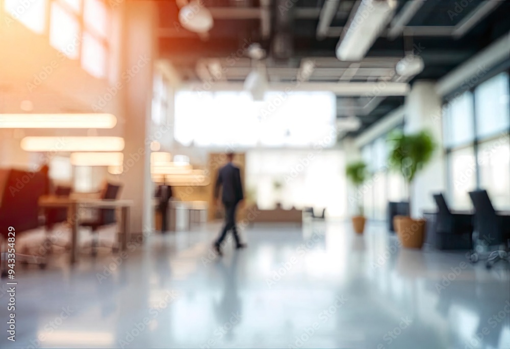 Blurred empty open space office. Abstract light bokeh at office interior background for design, ai Blurred empty open space office. Abstract light bokeh at office interior background for design, ai