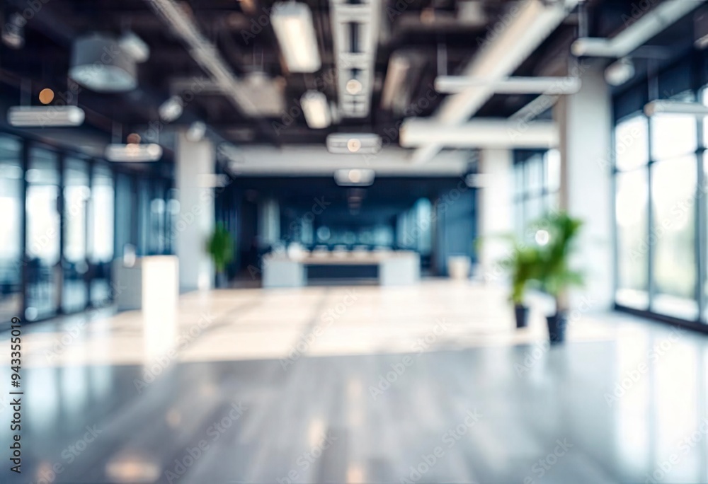 Blurred empty open space office. Abstract light bokeh at office interior background for design, ai Blurred empty open space office. Abstract light bokeh at office interior background for design, ai