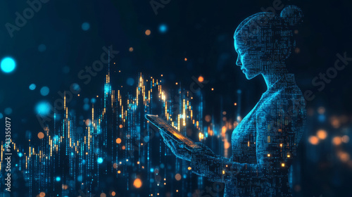 
Abstract businessman holding a tablet displaying a stock market candlestick hologram. Represents digital trading or investment concepts. Illustrated in a futuristic low poly style with a technologica photo