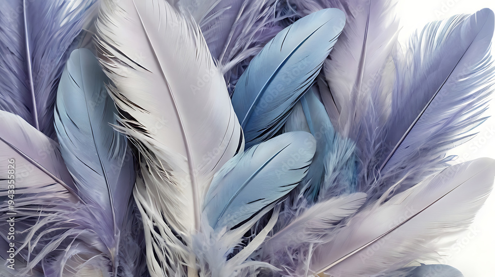 Fototapeta premium an image of a bunch of pale lavender and light blue feathers, softly layered on an isolated plain white background.