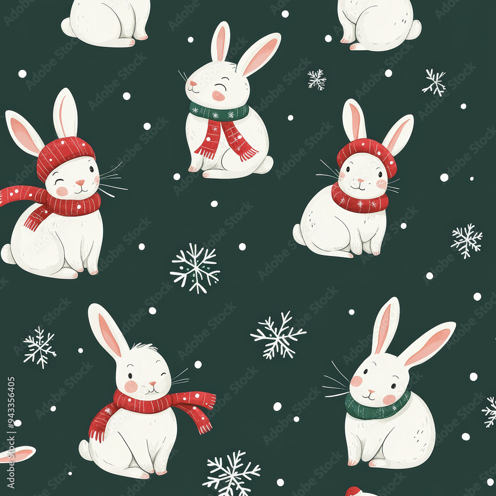 Fototapeta premium Seamless, Christmas pattern, Hand-drawn rabbits, Festive colors, Minimalist design, Cute rabbits, Red, Green, White, Christmas theme, Simple drawing, White background, Negative space, Decorative desig