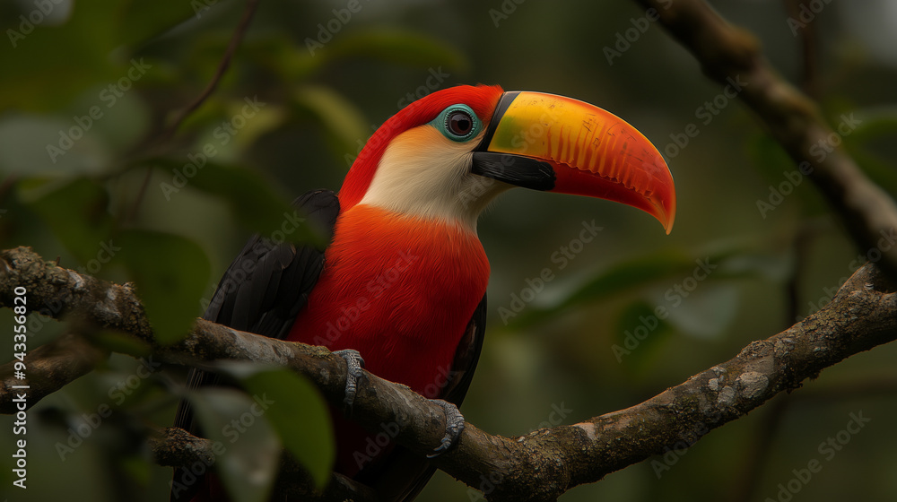 A colorful bird with a long beak is perched on a tree branch A colorful bird with a long beak is perched on a tree branch