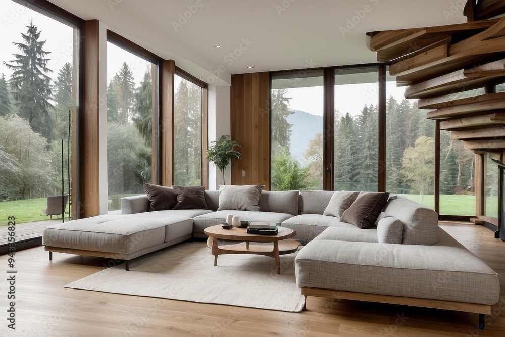 Modern Living Room with Sectional Sofa and Large Windows Overlooking a Wooded Landscape Modern Living Room with Sectional Sofa and Large Windows Overlooking a Wooded Landscape
