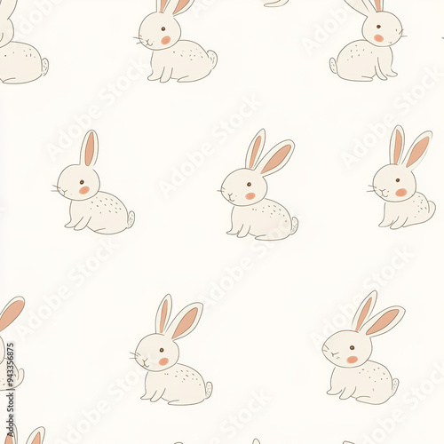Seamless, Rabbit pattern, Hand-drawn rabbits, Pastel colors, Minimalist design, Cute rabbits, Soft colors, Simple drawing, White background, Negative space, Decorative design, Vector pattern, Nature i