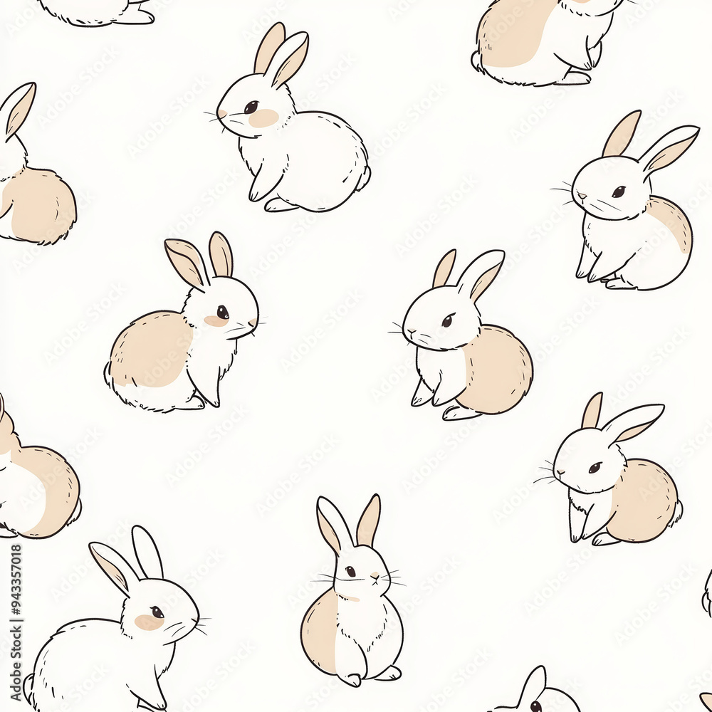 Seamless, Rabbit pattern, Hand-drawn rabbits, Pastel colors, Minimalist design, Cute rabbits, Soft colors, Simple drawing, White background, Negative space, Decorative design, Vector pattern, Nature i Seamless, Rabbit pattern, Hand-drawn rabbits, Pastel colors, Minimalist design, Cute rabbits, Soft colors, Simple drawing, White background, Negative space, Decorative design, Vector pattern, Nature i