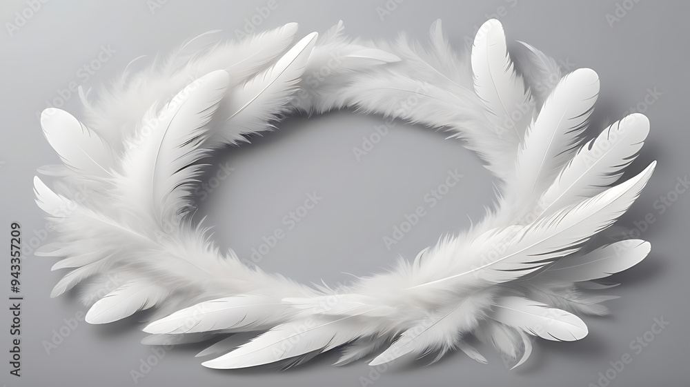 Obraz premium image of a bunch of soft fluffy white feathers arranged in a circular pattern on an isolated plain light gray background.
