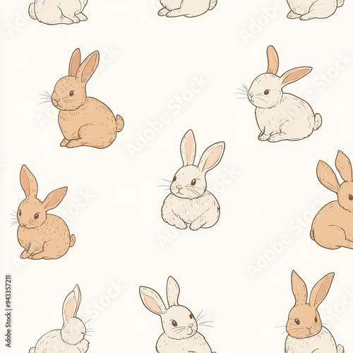 Seamless, Rabbit pattern, Hand-drawn rabbits, Pastel colors, Minimalist design, Cute rabbits, Soft colors, Simple drawing, White background, Negative space, Decorative design, Vector pattern, Nature i