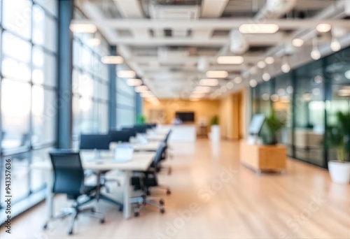 Beautiful blurred background of a light modern office interior with panoramic windows and beautiful lighting, ai