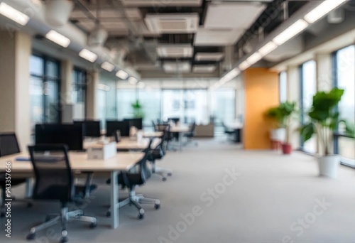 Beautiful blurred background of a light modern office interior with panoramic windows and beautiful lighting, ai