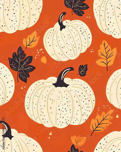 Scandinavian Folk Art Style Pumpkin Pattern: Vector Design with White Pumpkins on a Pumpkin Color Background