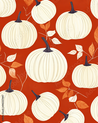 Scandinavian Folk Art Style Pumpkin Pattern: Vector Design with White Pumpkins on a Pumpkin Color Background