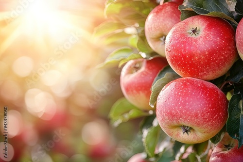 Red apples on tree ready to be harvested. Ripe red apple fruits in apple orchard. Selective focus. Generative Ai