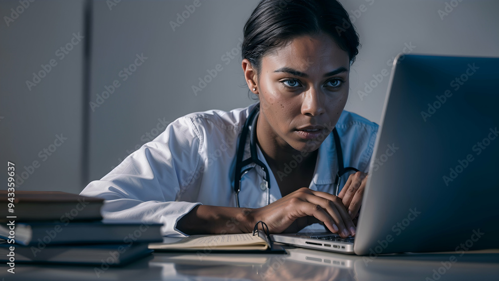 A woman in a white lab coat is sitting at a desk in front of a laptop A woman in a white lab coat is sitting at a desk in front of a laptop