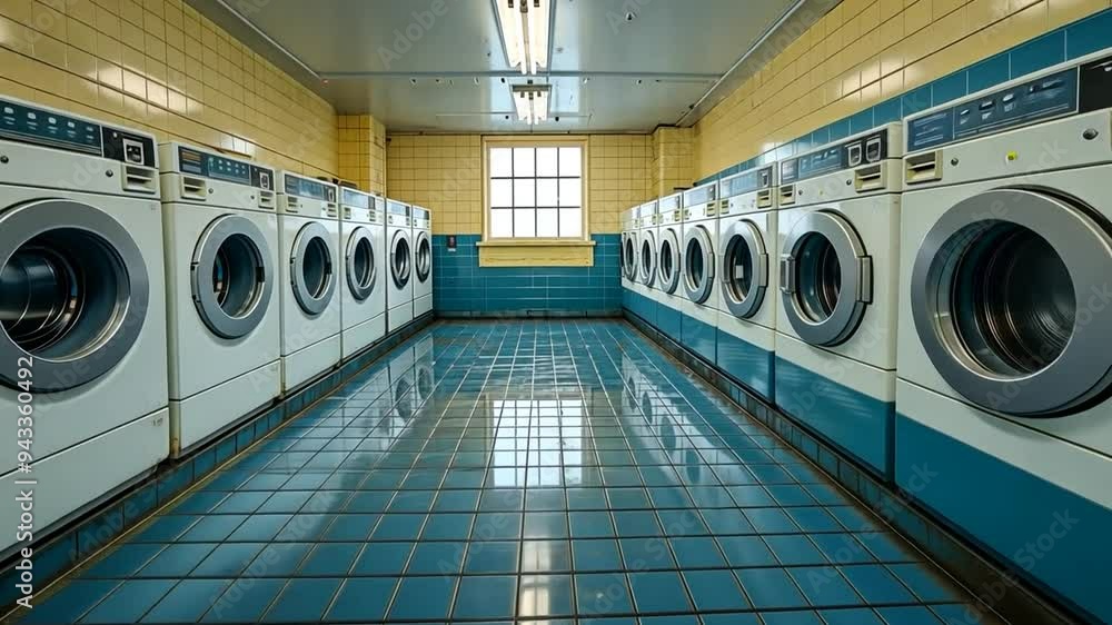 Exploring a quiet laundromat with modern machines in the heart of the city during the afternoon Exploring a quiet laundromat with modern machines in the heart of the city during the afternoon