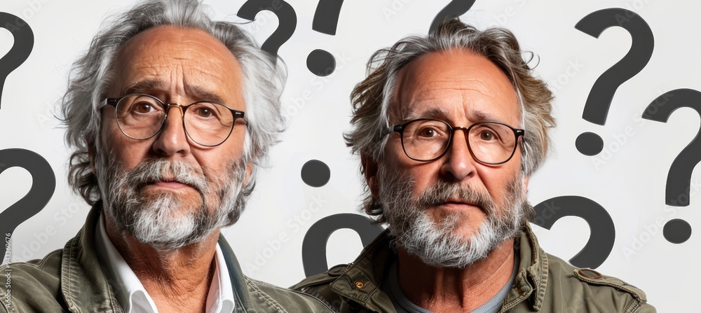 Two Confused Senior Men With Question Marks, Questioning, Gray Hair, Puzzled, Wrinkles, Studio Shot Two Confused Senior Men With Question Marks, Questioning, Gray Hair, Puzzled, Wrinkles, Studio Shot