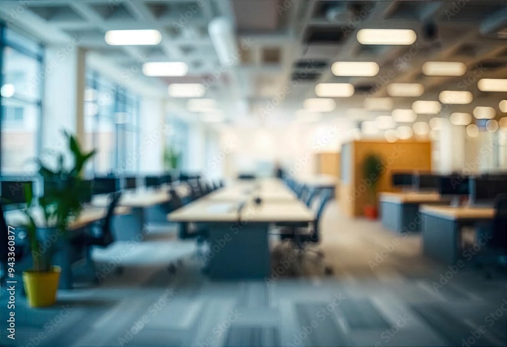 Beautiful blurred background of a light modern office interior with panoramic windows and beautiful lighting, ai Beautiful blurred background of a light modern office interior with panoramic windows and beautiful lighting, ai