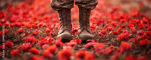 A soldier stands solemnly in boots amid a vibrant field of red poppy flowers, symbolizing remembrance and sacrifice. photo