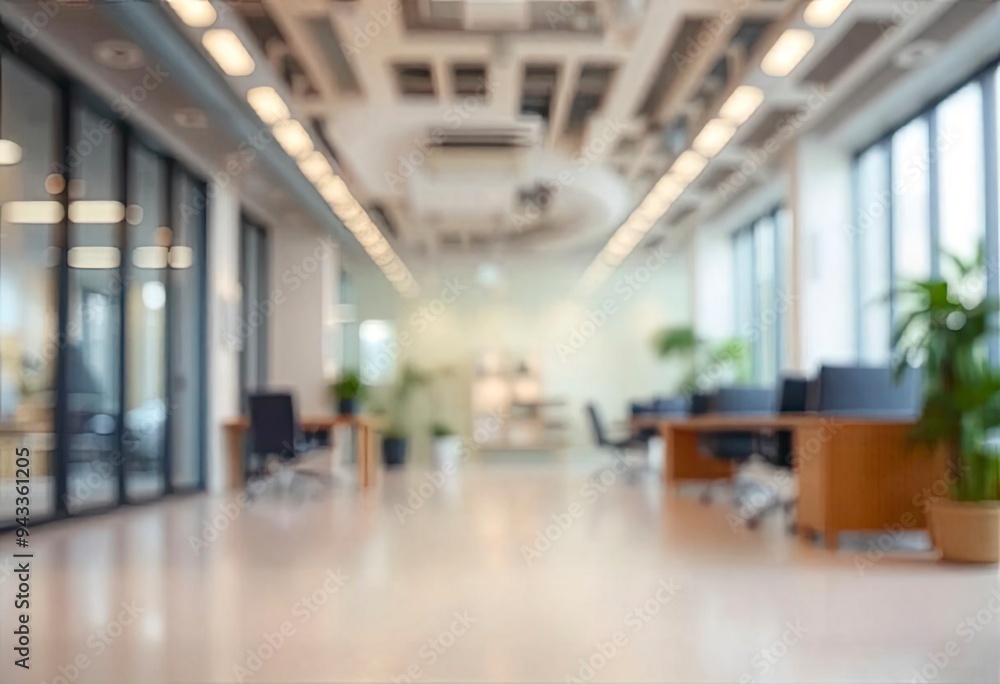 Beautiful blurred background of a light modern office interior with panoramic windows and beautiful lighting, ai Beautiful blurred background of a light modern office interior with panoramic windows and beautiful lighting, ai