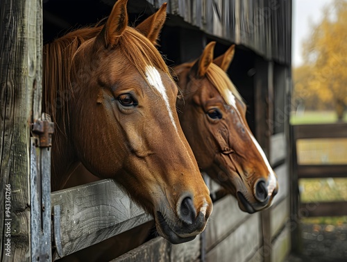 Two brown horses peek from their stable at a countryside farm during autumn, enjoying the cool breeze and scenic surroundings