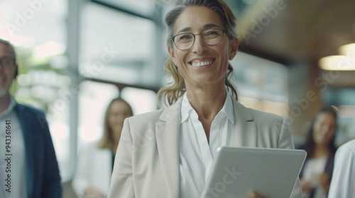 A woman in a business suit is smiling and holding a tablet