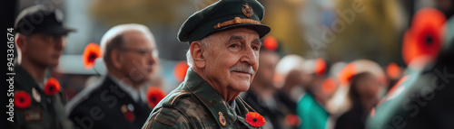 A veteran wearing a military uniform, adorned with a poppy, stands proudly at a solemn remembrance event. photo