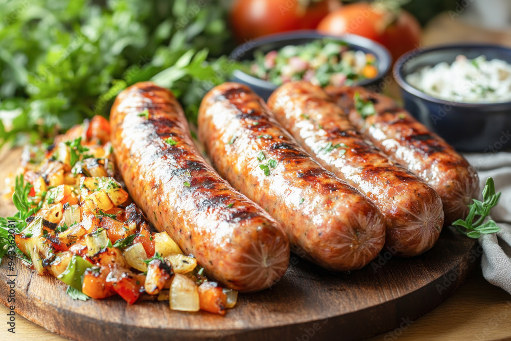 Juicy grilled sausages with roasted potatoes and peppers on cutting board Juicy grilled sausages with roasted potatoes and peppers on cutting board