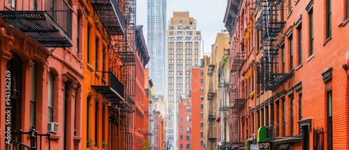 Row of Old Brick Buildings with Fire Escapes in New York City