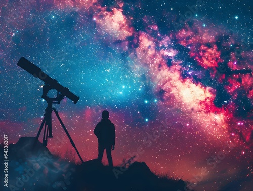 An evening stargazer observing the Milky Way galaxy with a telescope on a tranquil night in a remote location photo