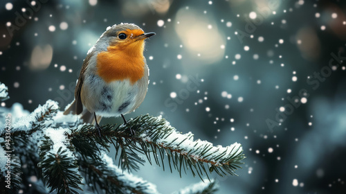 Robin - rouge gorge perché sur une branche de sapin avec des flocons de neige en hiver.  photo