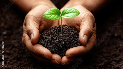 Close up of hands nurturing a small plant growing in rich soil representing care and development