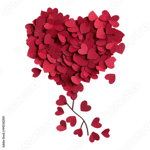 red paper hearts confetti in heart shape on white background