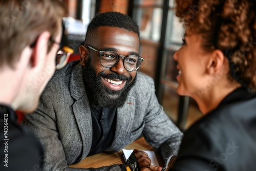 A smiling man with a beard and glasses leans toward a woman, possibly a colleague, while engaging in a conversation about artificial intelligence