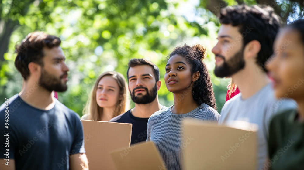 Diverse group of people in park discussing passionately with signs, symbolizing variety of public views and intensity of public discourse Diverse group of people in park discussing passionately with signs, symbolizing variety of public views and intensity of public discourse