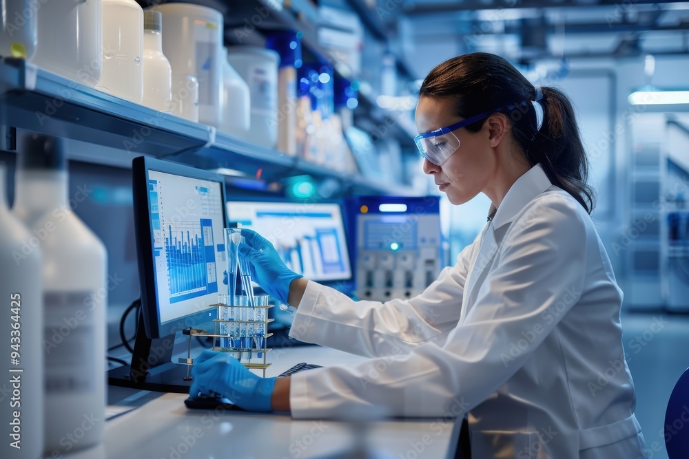 A female scientist in a laboratory setting works with a computer, analyzing neural network data while holding a rack of test tubes A female scientist in a laboratory setting works with a computer, analyzing neural network data while holding a rack of test tubes