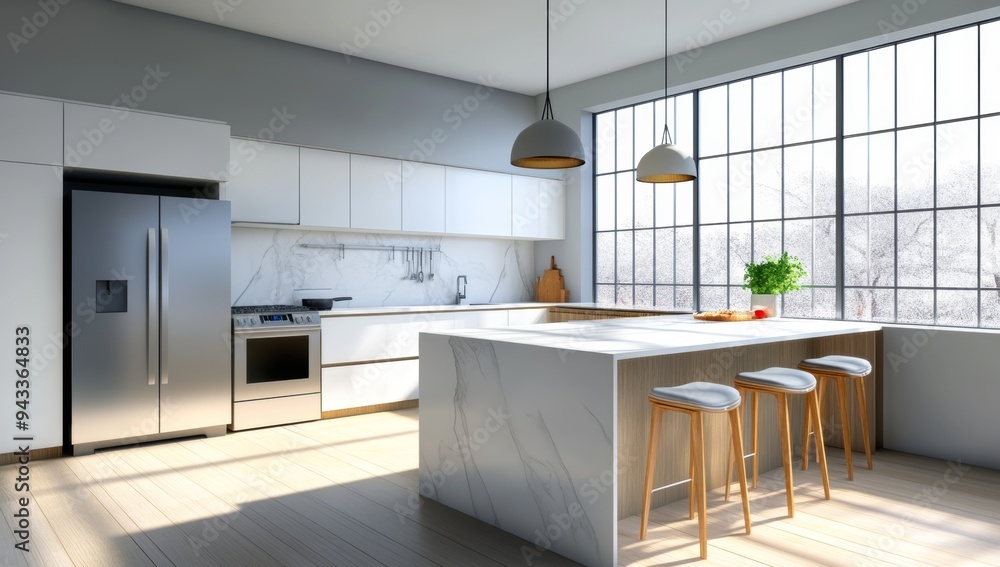 3D Rendering of Modern Kitchen with White Cabinets and Marble Wall 3D Rendering of Modern Kitchen with White Cabinets and Marble Wall