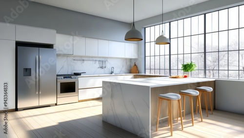 Wallpaper Mural 3D Rendering of Modern Kitchen with White Cabinets and Marble Wall Torontodigital.ca