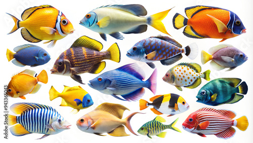 a colorful array of tropical fish in various shades of blue, yellow, orange, and pink, set against a white background photo