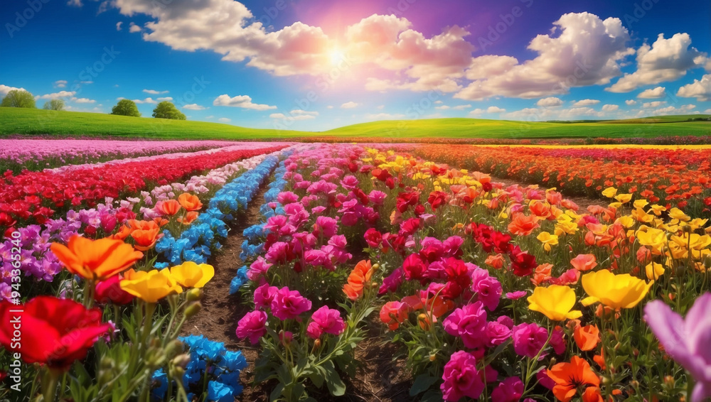 Flower field in springtime bursting with vibrant color Flower field in springtime bursting with vibrant color