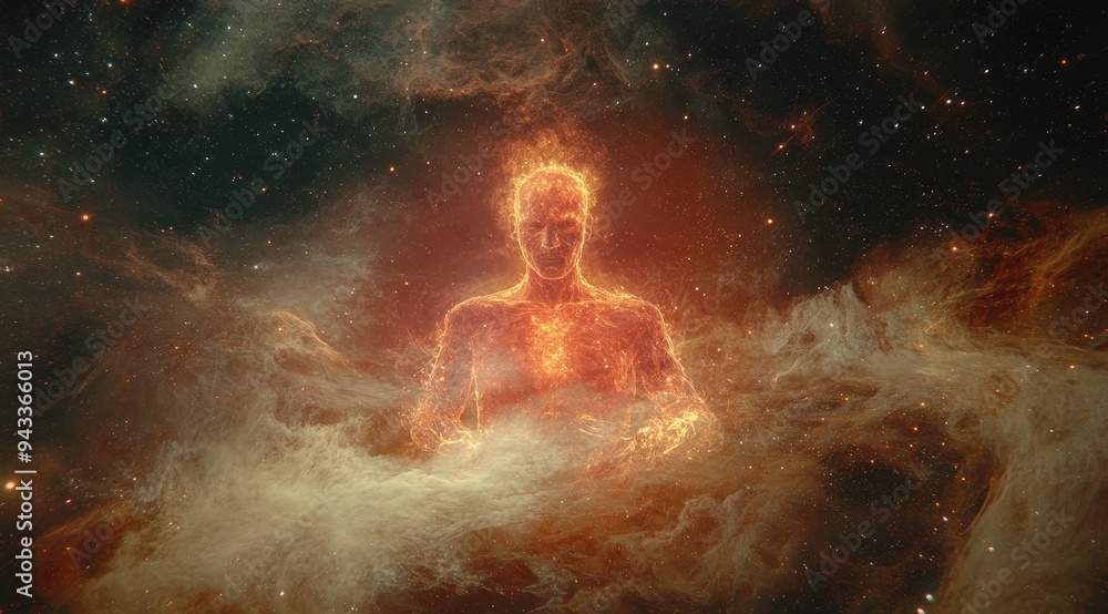 Naklejka premium Fiery Humanoid Figure Floating In Cosmic Space