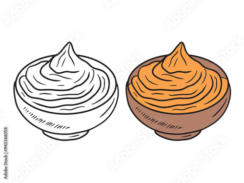 Creamy garlic cheese sauce in ceramic bowl, mayonnaise, mustard, ketchup in black on white. Hand drawn vector sketch illustration in doodle engraved vintage line art style, mashed sweet potato