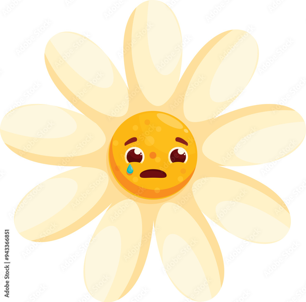 Cartoon illustration of a sad chamomile flower with a tear running down its cheek, isolated on a white background Cartoon illustration of a sad chamomile flower with a tear running down its cheek, isolated on a white background