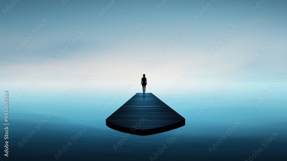 Silhouette of a person standing on a dock looking at the horizon symbolizing reflection and growth Silhouette of a person standing on a dock looking at the horizon symbolizing reflection and growth