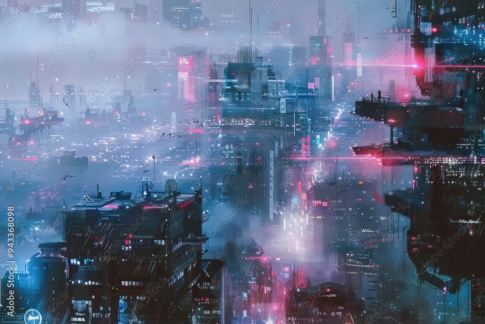 Fototapeta premium A futuristic city with glowing neon lights and flying platforms, illuminated by a soft pink light