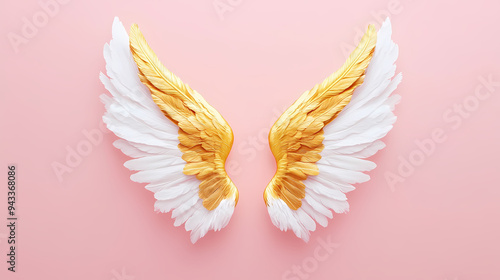 Golden and White Angel Wings on Pink Background: Elegant and Ethereal Design