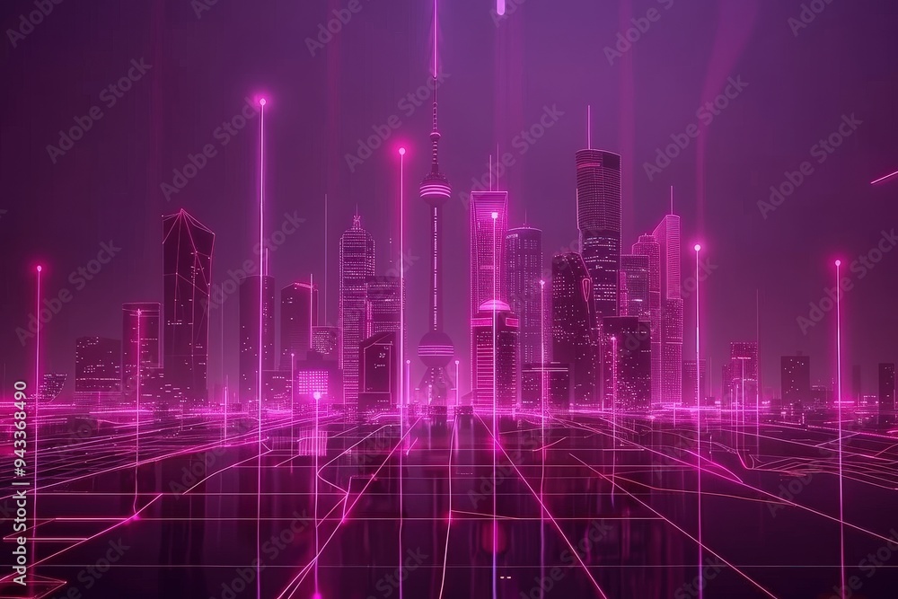 A futuristic city with tall buildings glows in pink neon lights, bathed in purple. A grid of glowing lines covers the ground A futuristic city with tall buildings glows in pink neon lights, bathed in purple. A grid of glowing lines covers the ground