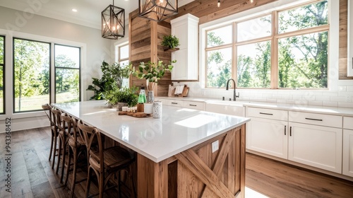 A rustic kitchen with a large island, farmhouse sink, and reclaimed wood accents photo