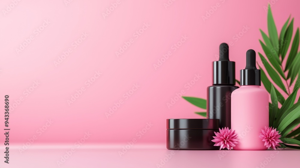 Aesthetic skincare set, minimalistic bottles, blank surfaces, elegant composition, 3D illustration Aesthetic skincare set, minimalistic bottles, blank surfaces, elegant composition, 3D illustration