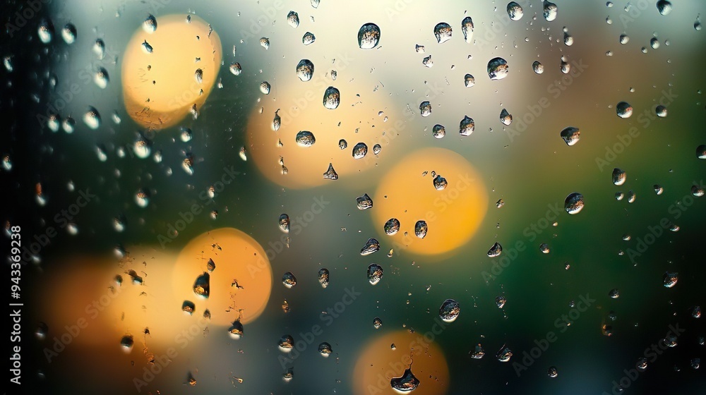 Close-up of droplets on a window, capturing the serene and reflective qualities of rainy weather Close-up of droplets on a window, capturing the serene and reflective qualities of rainy weather
