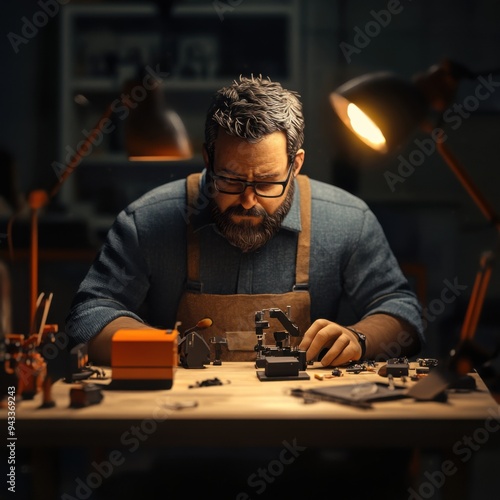 Precision Craftsmanship: Professional at a Neat Workbench Assembling Models in Creative 3D Illustration Workspace